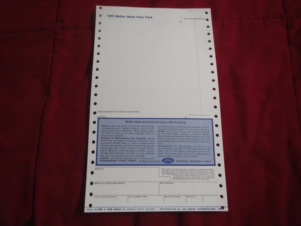 1973 FORD MUSTANG GRAN TORINO TBIRD MAVERICK PINTO GALAXIE LTD ADESIVO DE JANELA - Imagem 1 de 1