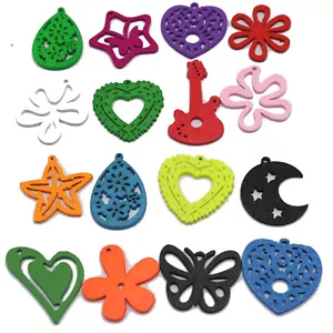 100 Assorted Bright Color Wood Cut Outs Charms Wooden Pendants Scrapbooking DIY - Picture 1 of 7