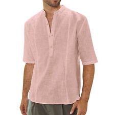 Mens Linen Shirt Casual Baggy Button-up Solid Formal Tops T Shirt Short Sleeve