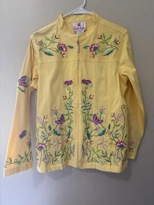 Quacker Factory Jacket Yellow Floral Embroidered Denim M  Butterfly Full Zip - Picture 1 of 7