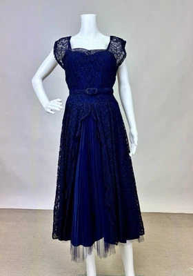 Vintage 1940s Navy Blue Lace Dress Fit & Flare Taffeta Lining Cap Sleeves AS IS - Image 1 of 4
