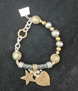 Carolyn Pollack American West Bracelet 925 Silver Brass Leather Heart Star 7.5 - Picture 1 of 12