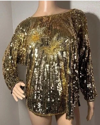 Vintage Hand Embroidered Black & Gold Sequin Long Sleeve Top Art Bling Luxe EUC - Image 1 of 4