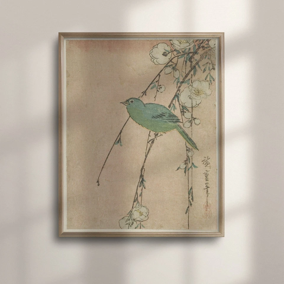 Póster vintage de arte botánico japonés, decoración de pared floral y pájaro Foto 1 de 4