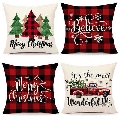 Buffalo Check Christmas Pillow Covers 18x18 Set of 4 Red Black Farmhouse Chri... - Image 1 of 4