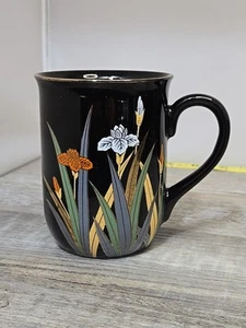 Vintage Otagiri Iris Flowers Coffee Tea Mug Cup Black Gold Trim No Cracks - Picture 1 of 7