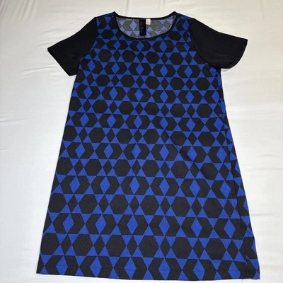 Blue Rain Dress Womens Lg Black Blue Contrast Print Short Sleeve Retro Mod EUC - Image 1 of 4