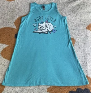 Girls Youth Medium Aqua Instant Message Cat “Book Lover” Dress - Picture 1 of 7