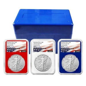 2025-W Burnished $1 American Silver Eagle 3pc Set NGC MS70 ER Flag Label Red ... - Picture 1 of 4