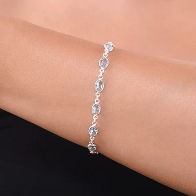 Aqua Aquamarine Gemstone Handmade 925 Sterling Silver Jewelry Bracelet Size-7-8" - Image 1 of 4