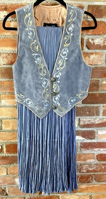 Patricia Wolf Texas Western Blue Suede Painted Vest & Rayon Skirt Set Sz S/OSFA - Image 1 of 4