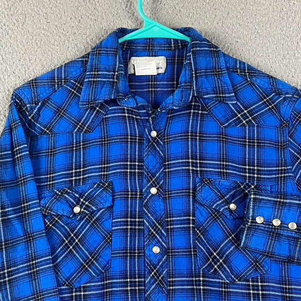 Camisa masculina Wrangler flanela pérola snap azul média xadrez rodeio ocidental - Imagem 1 de 4