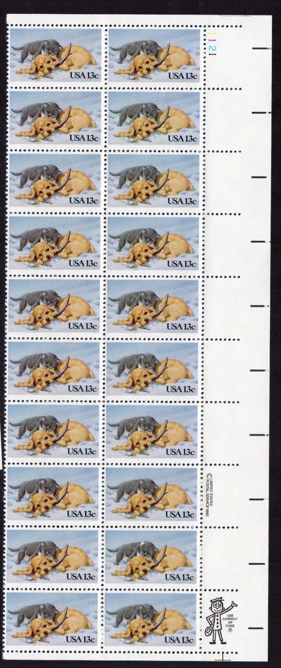Scott #2025 Christmas Kitten & Puppy Snow Plate Block of 20 Stamps MNH P#1121 UR - Image 1 of 1