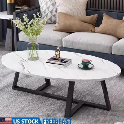 椭圆形咖啡桌白色人造大理石金属腿客厅小空间新品 — 第 1/4 张图片
