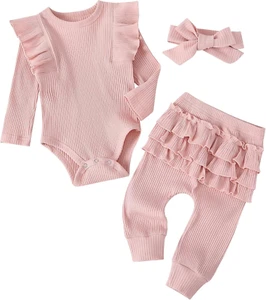 Baby Girl'S 3Pc Rib Frill Long Sleeve Romper and Pant Set - Picture 1 of 12