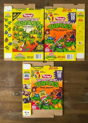 3 TORTUGAS NINJA MUTANTES ADOLESCENTES Farleys bocadillos de frutas de colección 1990 cajas vacías Foto 1 de 4