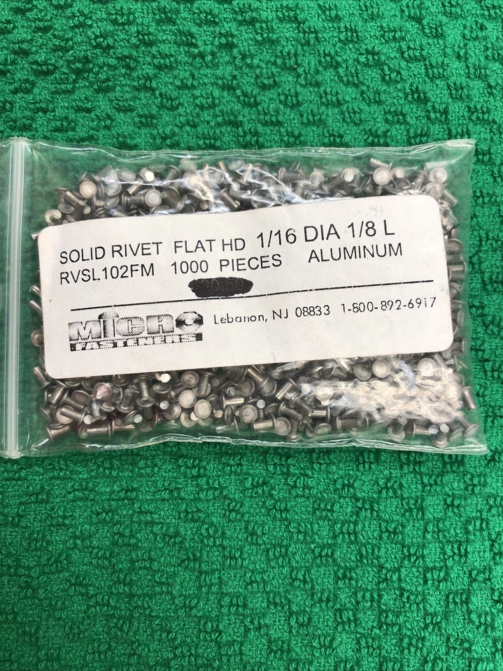Micro Fasteners 1000 pieces Soild Rivet Flat HD 1/16 Dia, 1/8 L, RVSL102FM, Alum - Image 1 of 4