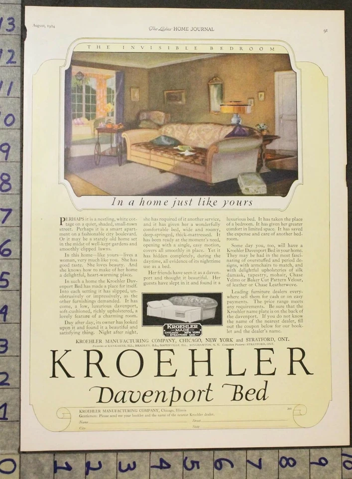1924 KROEHLER DAVENPORT SOFABED COUCH LIVING ROOM FURNITURE HOME DECOR AD [[SKU] - Image 1 of 1