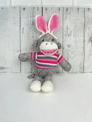 Sock Monkey Easter Bunny Ears Dan Dee Plush Collector's Choice Pink Gray Striped - Image 1 of 4