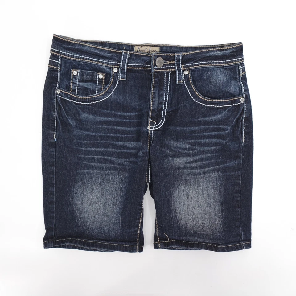 Bermuda jeans Earl feminina 4 azul jeans bordada cravejada pedra cintura baixa - Imagem 1 de 4