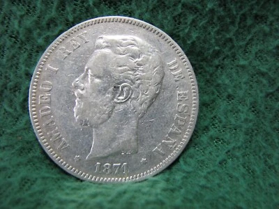 1871 Spain 5 Pesetas Coin  Gorgeous SILVER Coin - Image 1 of 2