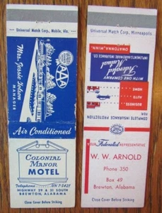 BREWTON, ALABAMA MATCHBOOKS: COLONIAL MANOR MOTEL & W. W. ARNOLD MATCHCOVERS -E - Imagen 1 de 2