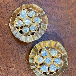 Vintage Gold-Tone Decorative Button Pair With Clear Rhinestones Embellishment Ro - Picture 1 of 5