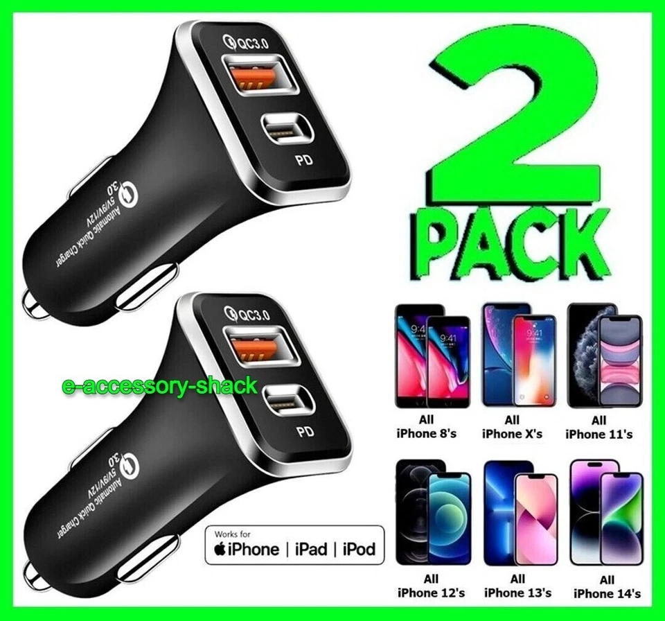 2 Pack Dual Port USB-C Fast Car Charger PD Adapter for iPhone Samsung Android - Image 1 of 2