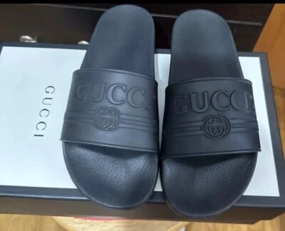 Gucci Black rubber signature logo printed sandals, Size8 40 EU Rubber Excellent - Image 1 of 4