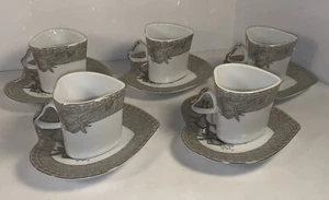Vintage Porcelain Silver Demitasse Heart Shaped Cup/saucers Set 5 Japan - Picture 1 of 8