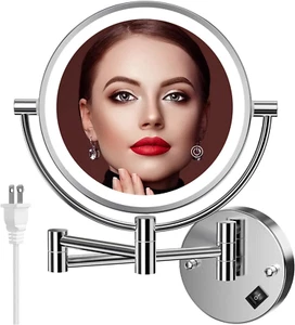 Wall Mounted Lighted Makeup Mirror, AC Plug, 8" Double Sided 1X/10X Magnifying - Picture 1 of 12