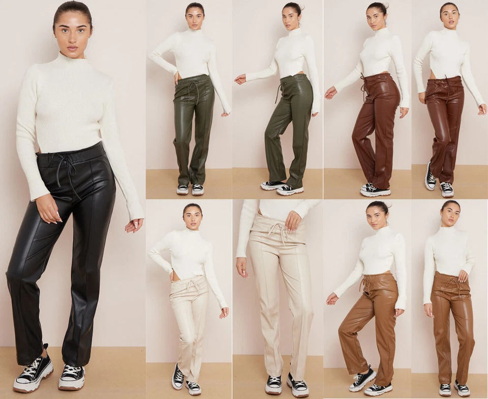 Womens Vegan Leather Straight Leg Trousers Black High Waisted Tie Matte Pants - Image 1 of 1