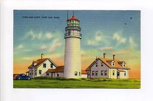 Cape Cod MA Mass Truro, Highland Lighthouse, coches antiguos, postal de lino de 1948 - Imagen 1 de 2