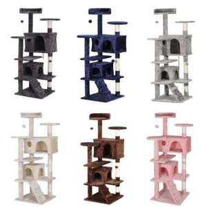 55" Cat Tree Tower Grey/Beige/Blue/Brown Activity Center Playing House Condo - Picture 1 of 28