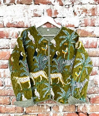 Jaqueta estampada floresta verde indiana feita à mão jaqueta de veludo roupas femininas EUA - Imagem 1 de 4