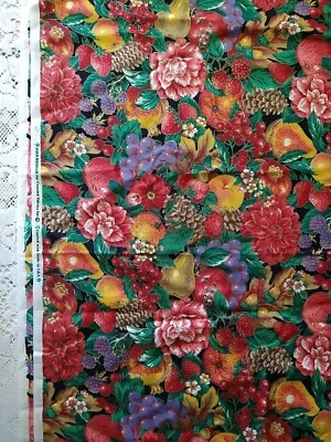 Vintage Joan Kessler Concord Fruit Florals Berries Black Cotton Fabric Metallic - Image 1 of 4