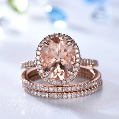 2.80Ct Oval Simulated  Morganite Engagement Trio Ring Set 14K Rose Gold Plated - Image 1 of 4