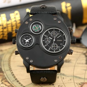Luxury Mens Analog Quartz Watch OULM Leather Band Dual Time Zone Wristwatch - Picture 1 of 16