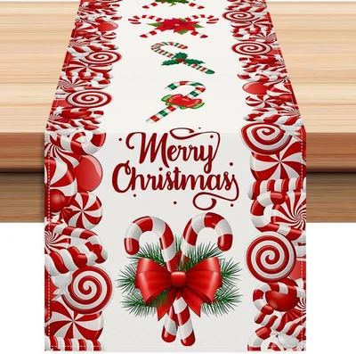 CCUUHJ Linen Red & White Candy Cane Table Runner 72" Christmas Farmhouse Decor