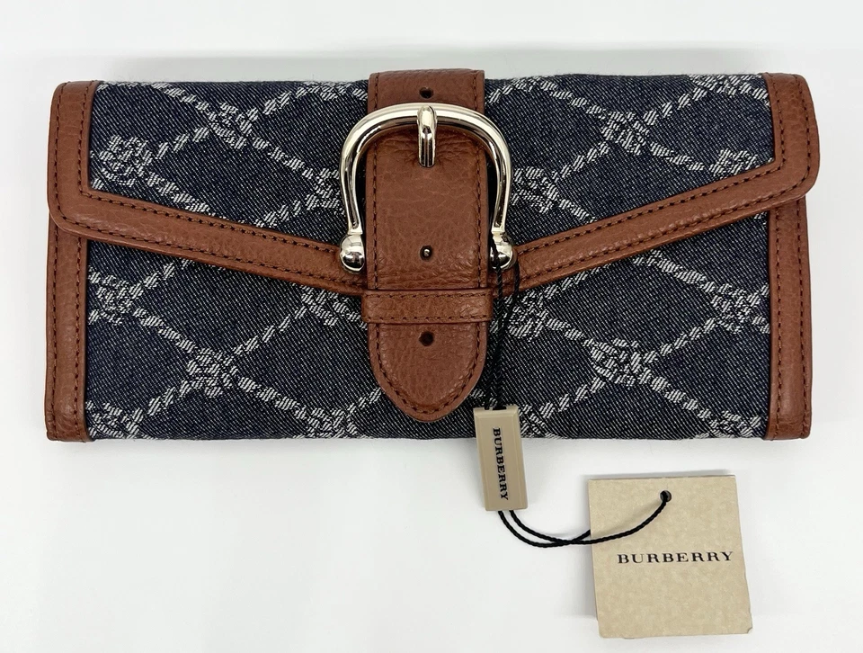 Cartera Continental Burberry Cuerda Denim Cuero Marrón Hebilla Herrajes Dorados Nueva con Etiquetas Foto 1 de 4