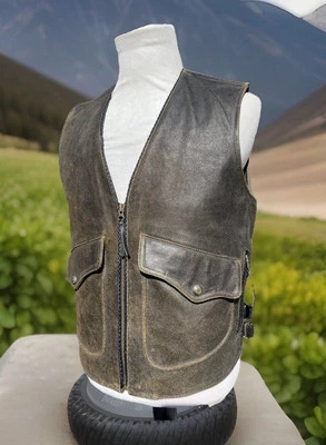Chaleco de cuero marrón envejecido Harley Davidson BILLINGS para hombre mediano motociclista Foto 1 de 4