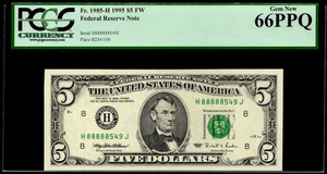1995 $5 FRN ST. LOUIS. FR: 1985-H PCGS Graded: 66 PPQ LUCKY 5 CONSECUTIVE 8s S/N - Picture 1 of 2