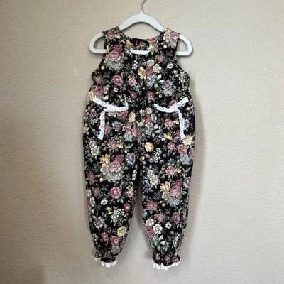 Vintage 90s Floral Girl Toddler Sleeveless Romper w/ Pockets Snap Buttons 18-24M - Image 1 of 4