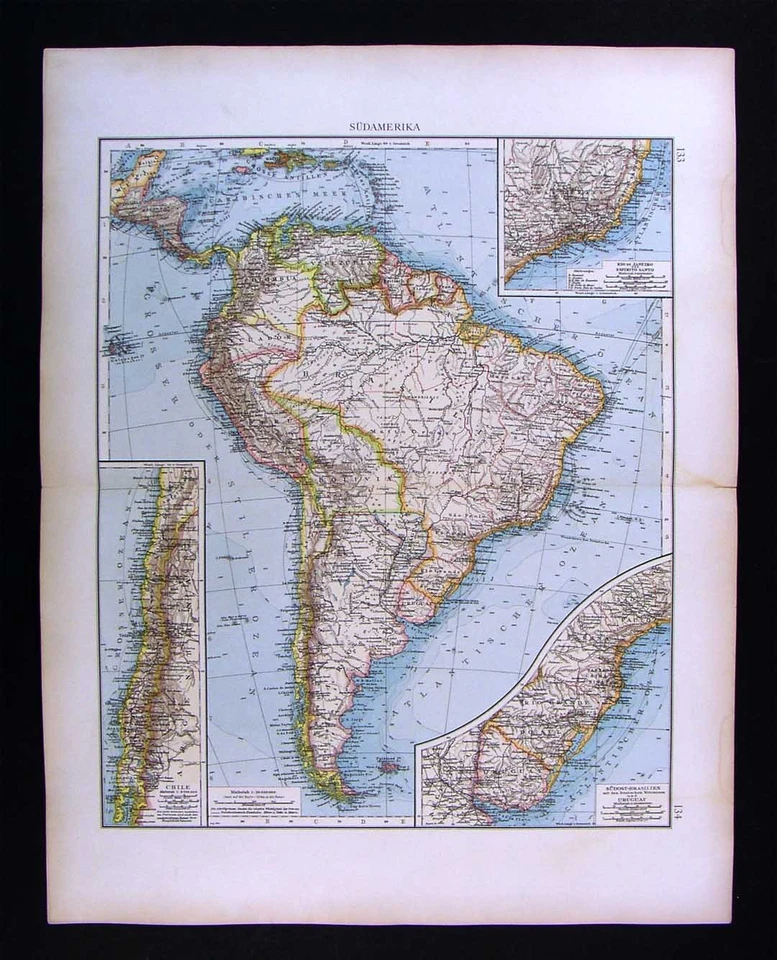 1896 Andrees Map  South America Brazil Chile Peru Rio de Janeiro Amazon Colombia - Image 1 of 1