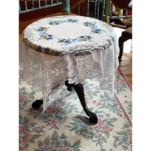 Vintage Tablecloth Doily Small Square 35” x 35” White Lace Pansies Ribbons Bow - Picture 1 of 22