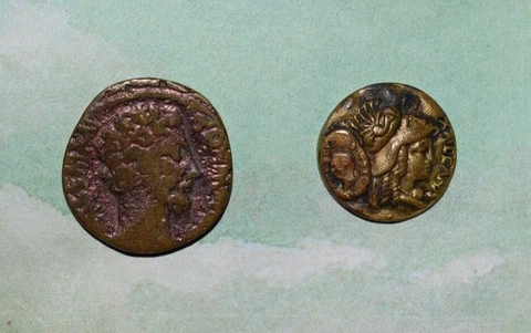 2 Antique FACE Buttons tinted pressed brass Coin tinted and Face 7/8ths & 5/8ths Cover