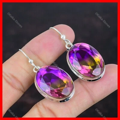 椭圆形紫水晶石吊坠万圣节礼物钩妻子耳环珠宝首饰 925 银 — 第 1/4 张图片