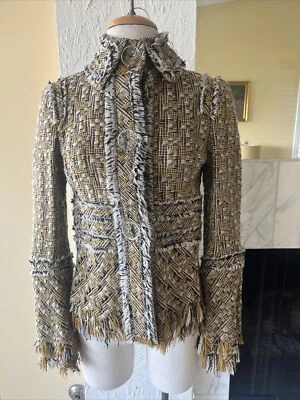 TULEH МНОГОЦВЕТНЫЙ ТВИДОВАЯ ШЕРСТЬ СМЕСЬ БАХРОМА РЕЗИНКЕ КУРТКА SIZE6 ПОДХОДИТ 4 - Изображение 1 из 4