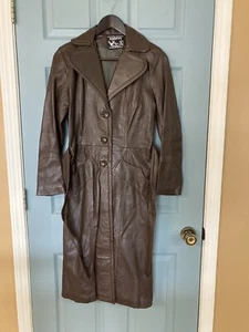 Damen Vintage Creaciones Exclusivas braun weiches 100 % Leder Trenchcoat Größe 9/10 - Bild 1 von 8