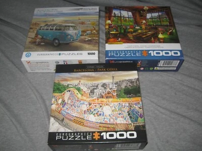 Lot 3 Eurographics 1000 Piece Puzzles VW Bus - Barcelona - Cozy Cabin 19" x 26" - Image 1 of 4